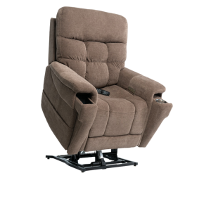 VivaLift Ultra PLR-4955 power lift recliner in Trento Brown fabric shown in standing-assist position