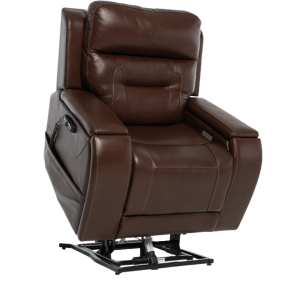 VivaLift Premier PLR-5900 power lift recliner in brown upholstery with power lift base and hand control