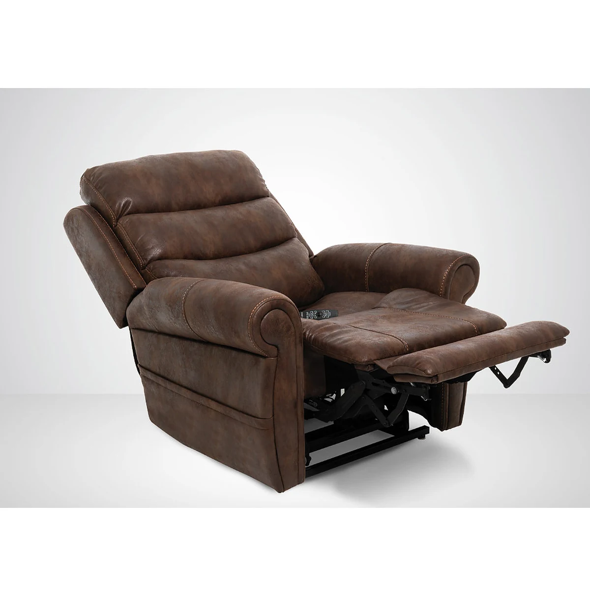 VivaLift Tranquil 2 PLR-935 brown power lift recliner in reclined position with extended footrest