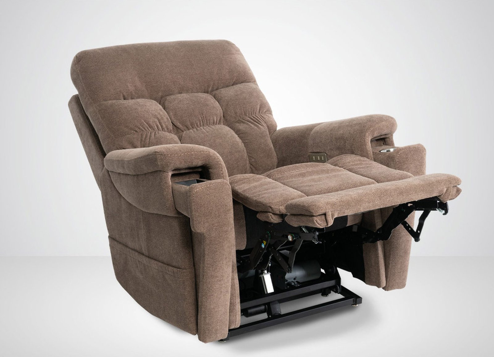 VivaLift Ultra PLR-4955 power lift recliner in Trento Brown fabric shown in standing-assist position