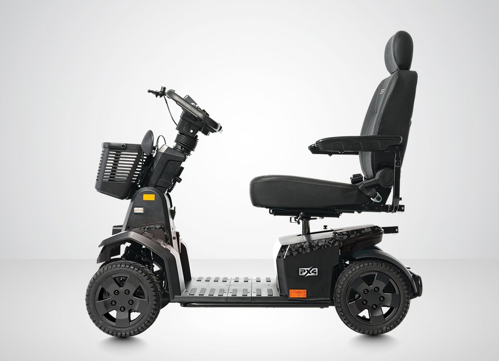 Pride Mobility PX4 SC134 Black Camo mobility scooter front three-quarter view with LED headlight basket mirrors and pneumatic tires