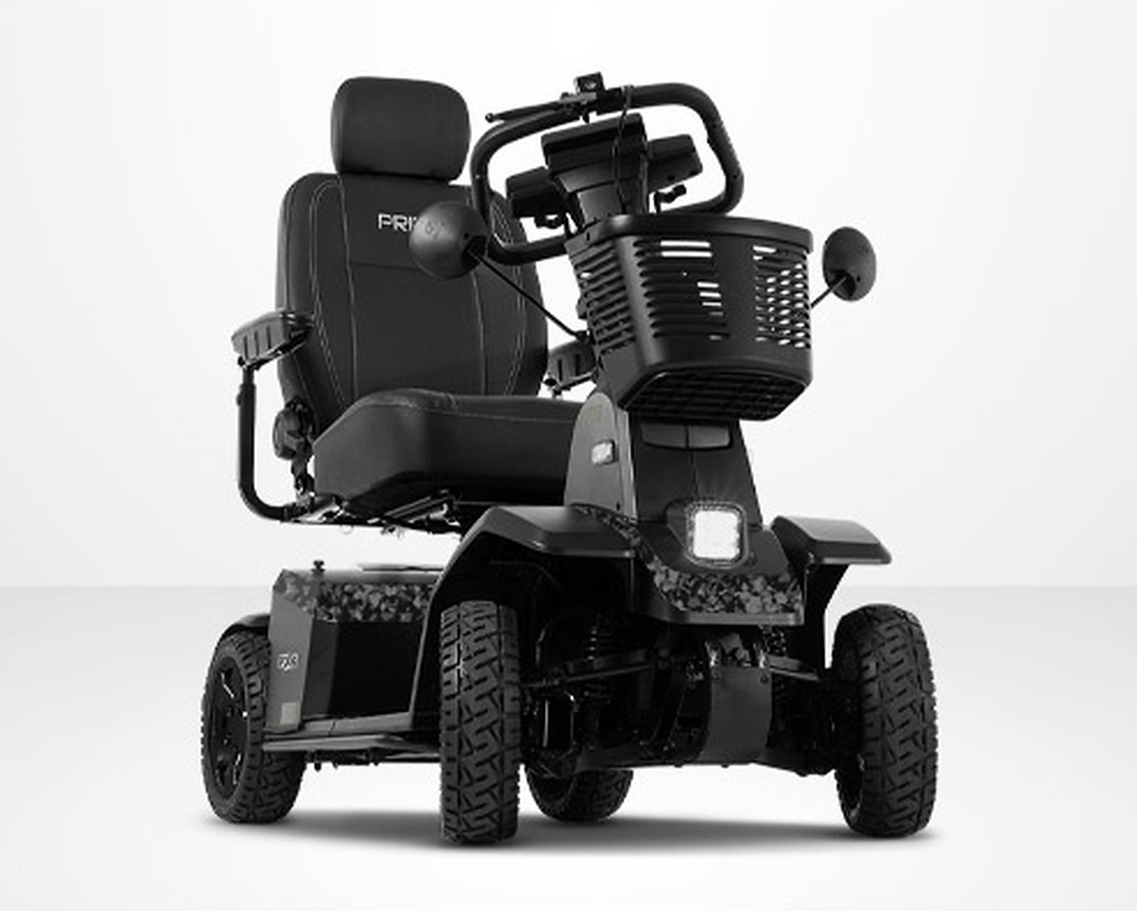 Pride Mobility PX4 SC134 Black Camo heavy-duty mobility scooter full side view with pneumatic tires and high-back seat