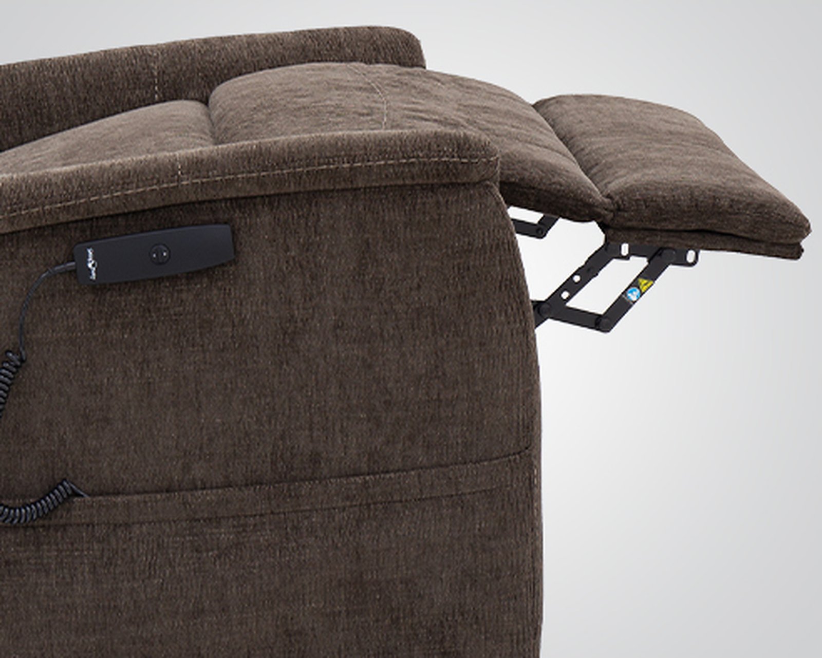 Close-up of Sitting Pretty Genesis LC-150S padded chaise and extended footrest mechanism