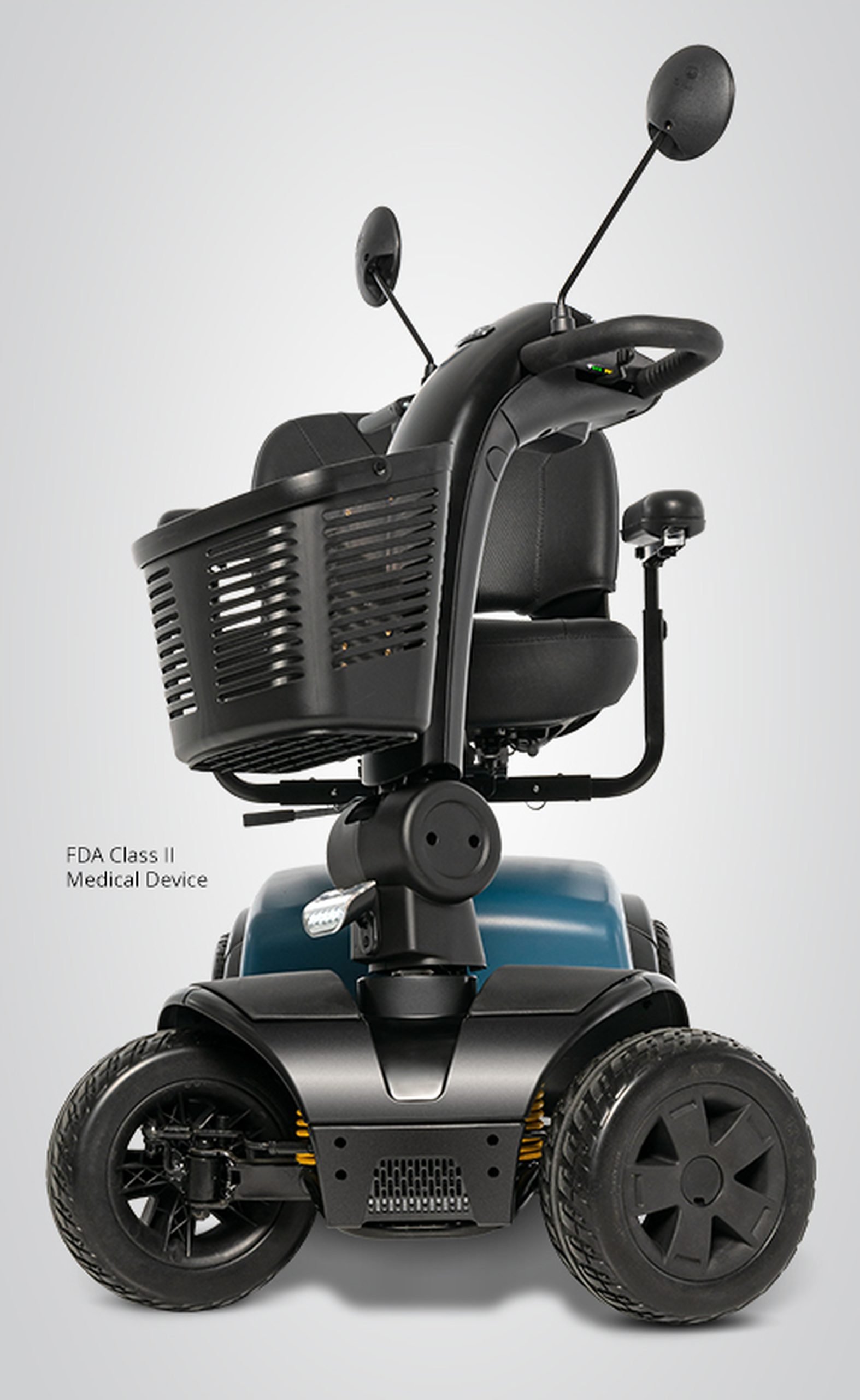 Pride Mobility Victory Platinum SC710PLA 4-wheel mobility scooter front three-quarter view with basket mirrors LED headlight and full suspension