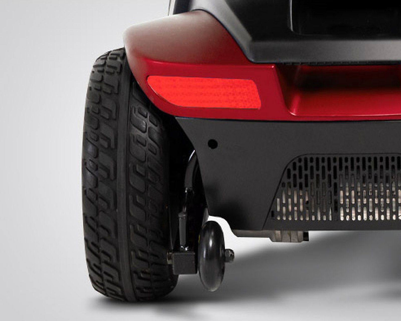 Pride Mobility Victory 10 SC610 3-Wheel rear tire and anti-tip wheel detail – Medical Equipment Sun City AZ