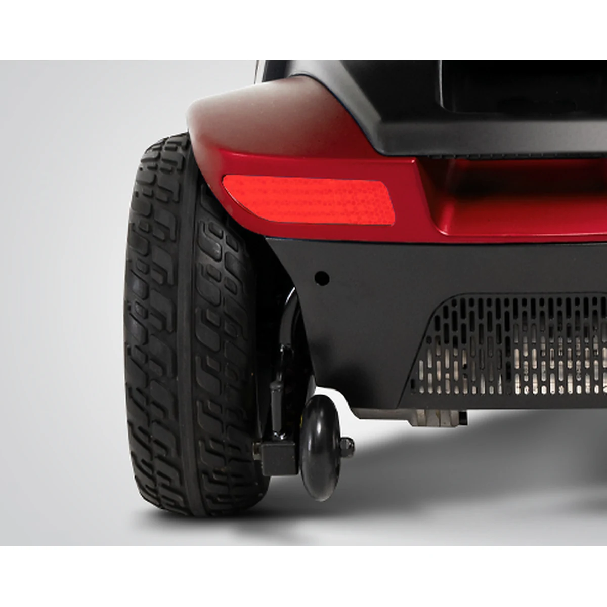 Pride Mobility Victory 10 SC710 4-Wheel rear tire reflector and anti-tip wheel detail – Medical Equipment Sun City AZ