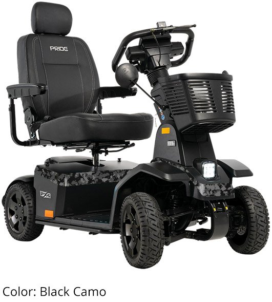 Pride Mobility PX4 SC134 500 lb capacity 4-wheel mobility scooter in Black Camo with front basket and high-back seat