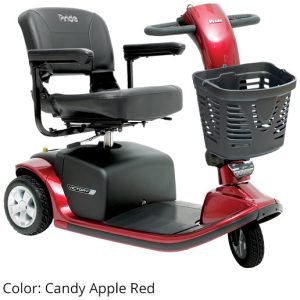 Pride Mobility Victory 9 SC609 3-wheel mobility scooter in Candy Apple Red with front basket and swivel seat