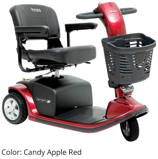 Pride Mobility Victory 9 SC609 3-wheel mobility scooter in Candy Apple Red with front basket and swivel seat