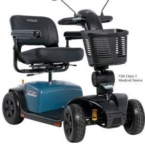 Pride Mobility Victory Platinum SC710PLA mobility scooter in Iceberg Blue Matte with front basket swivel seat and rearview mirrors