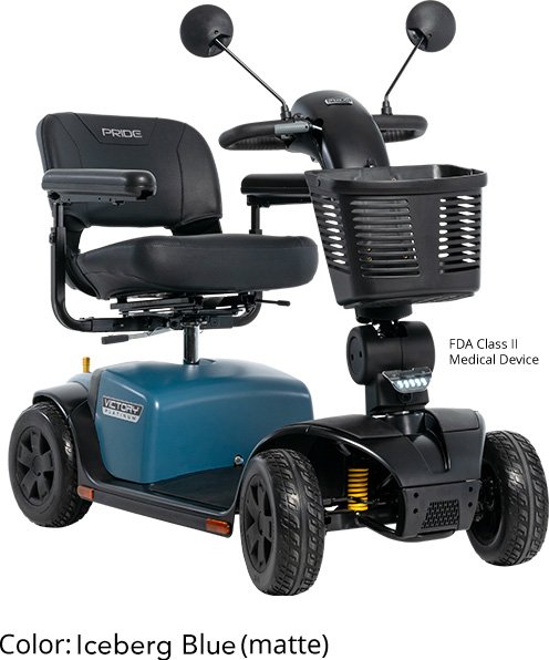Pride Mobility Victory Platinum SC710PLA mobility scooter in Iceberg Blue Matte with front basket swivel seat and rearview mirrors