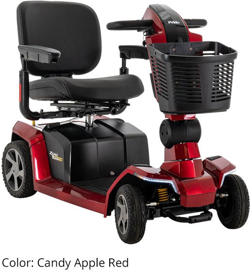Pride Mobility Zero Turn 10 S710ZT 4-wheel mobility scooter in Candy Apple Red with front basket